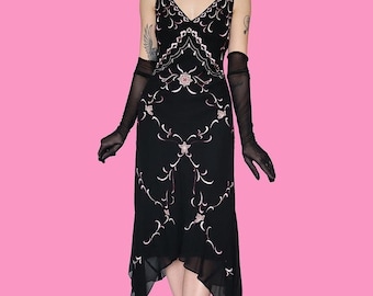 100% silk black floral embroidered midi evening dress UK 14