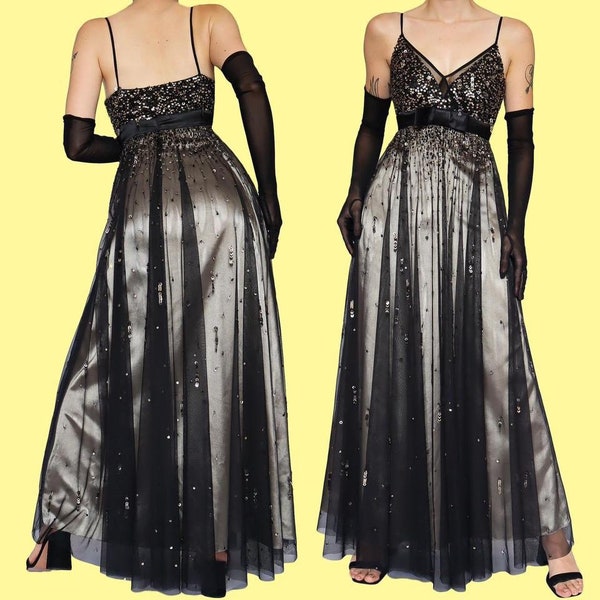 Stunning Black Sequin Fit & Flare Evening Prom Ball Gown Dress with Shawl | UK 14/US 10/EU 42 | Glamorous Formal Attire