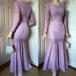 Yve London designer vintage lilac beaded long sleeve evening prom dress UK 8-10/S