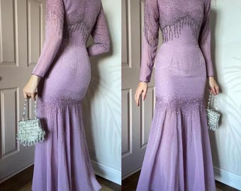 Yve London designer Vintage lila Perlen Langarm Abendkleid Kleid 36-46 / S