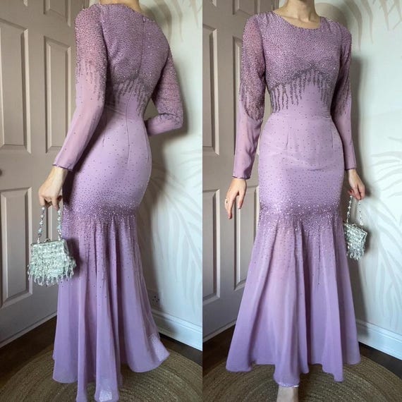 Buy Yve London Designer Vintage Lilac Beaded Long Sleeve Evening Prom Dress  UK 8-10/S Online in India - Etsy