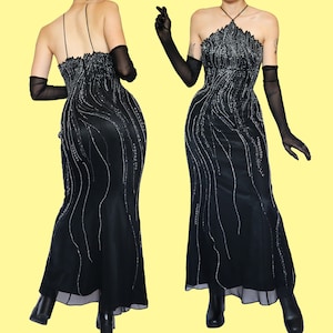 Black 100% silk vintage heavily beaded evening prom ball gown dress UK 16