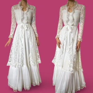 Vintage white 70s Pronuptia lace long sleeve wedding dress UK 8