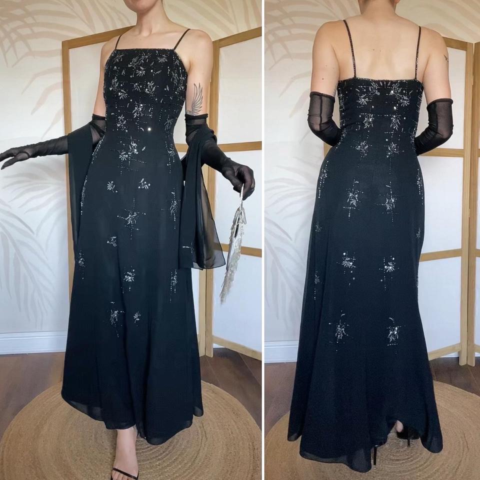 YVE London designer vintage black a-line prom dress & shawl uk 12