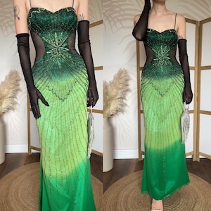 Green vintage pure silk beaded prom dress uk 10/us 6/eu 38