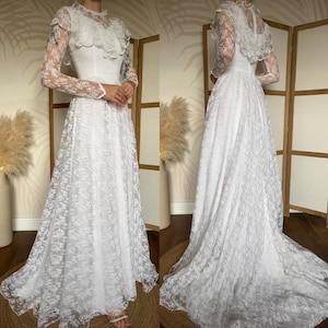 Vintage Pronuptia white lace 70s long sleeve wedding dress uk 8/us 4/eu 36
