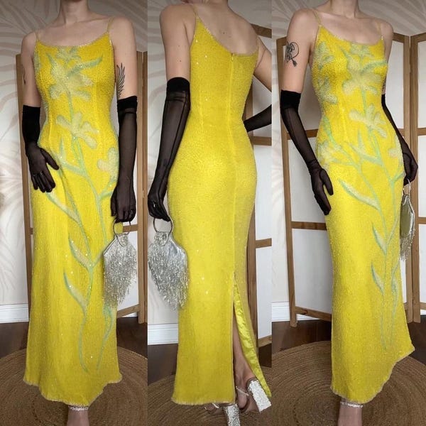 After Six vintage 100% silk yellow floral beaded evening dress uk 12-14