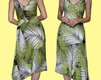 100% silk green leafy print slip midi summer dress uk 12/us 8/eu 40
