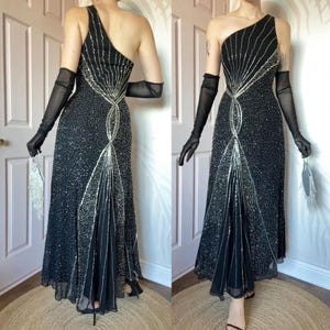 Black beaded one shoulder evening dress UK 12 & UK 16