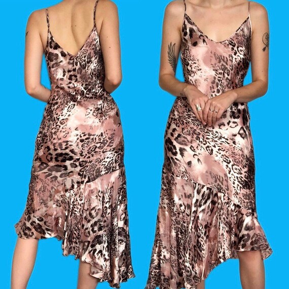 Stunning vintage silk blend pink leopard print midi slip dress UK 16