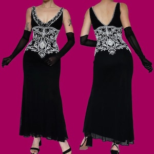 Black vintage stretch beaded evening gown dress UK 12