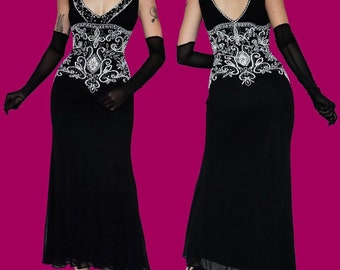 Black vintage stretch beaded evening gown dress UK 12