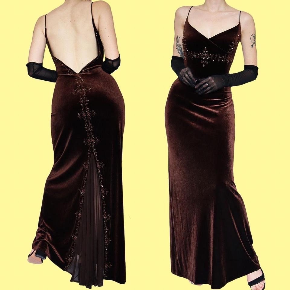 Vintage Dave Johnny Brown Velvet Beaded Evening Gown Prom Dress