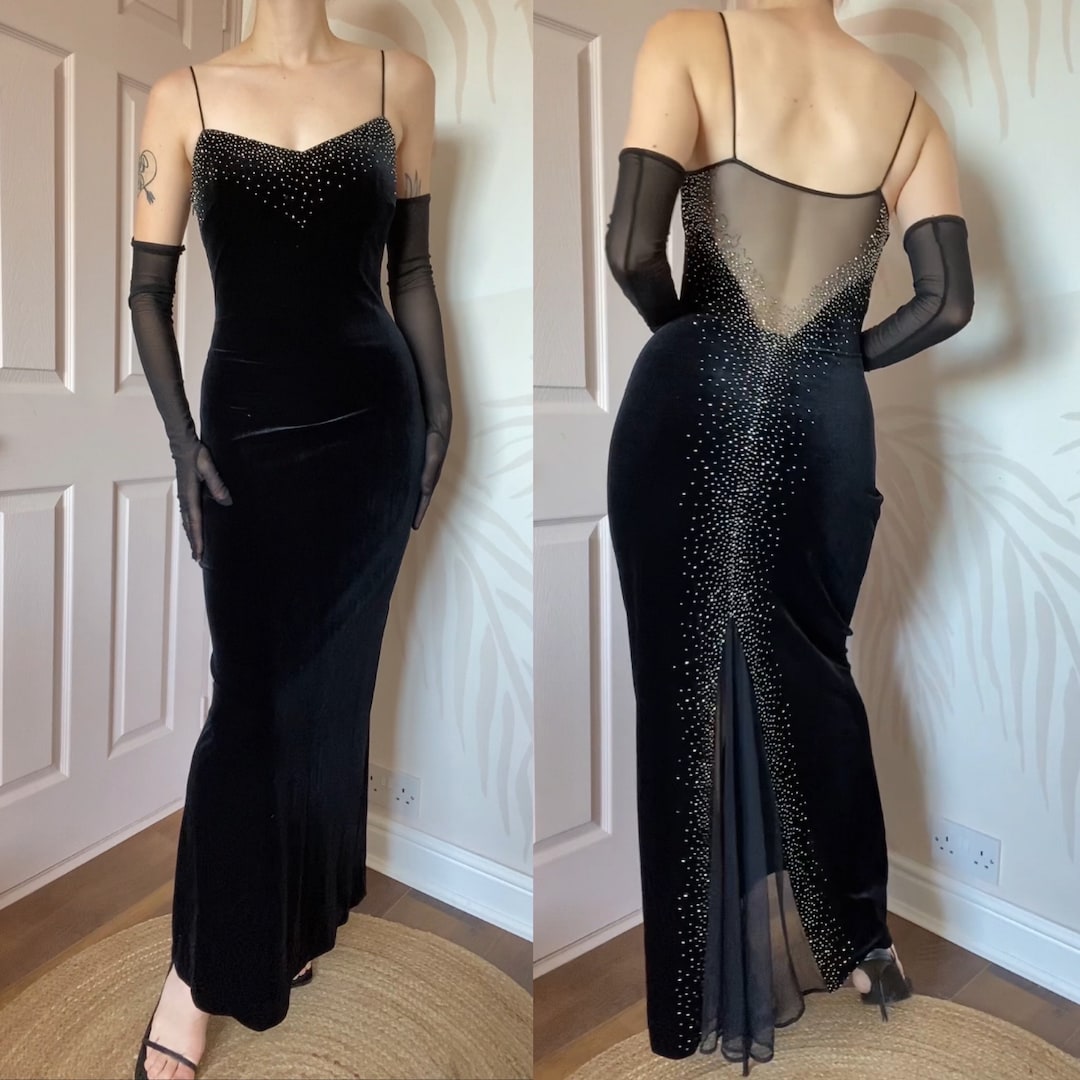Chic Dave Johnny Vintage 90s Black Velvet Beaded Evening Prom Dress | UK 14