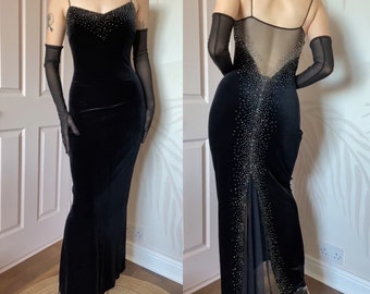 Chic Dave Johnny Vintage 90s Black Velvet Beaded Evening Prom Dress | UK 8-10 & 12 | gothic, formal dress, ball gown, designer vintage