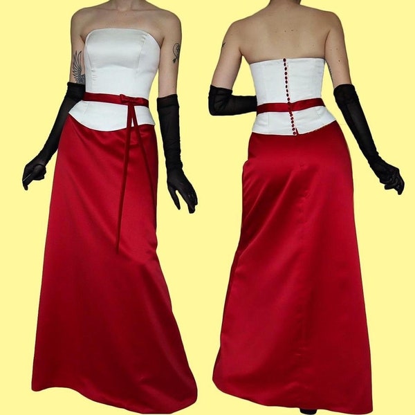 Red & white Hilary Morgan vintage strapless evening gown prom dress UK 14