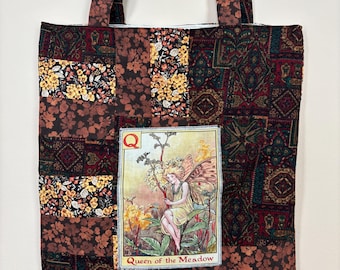 Fairy Flower Alphabet Tote Q &quot;Queen of the Meadow&quot;| Hand-Sewn | Floral Alphabet Series | Cottagecore | Patchwork | Nature-Inspired Gift