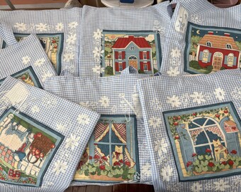 Cottagecore Blue Gingham Tote Bag | Handmade Applique Vintage Fabric Panel and Linocut Block Print Accents | Cute Stylish Countryside Gift