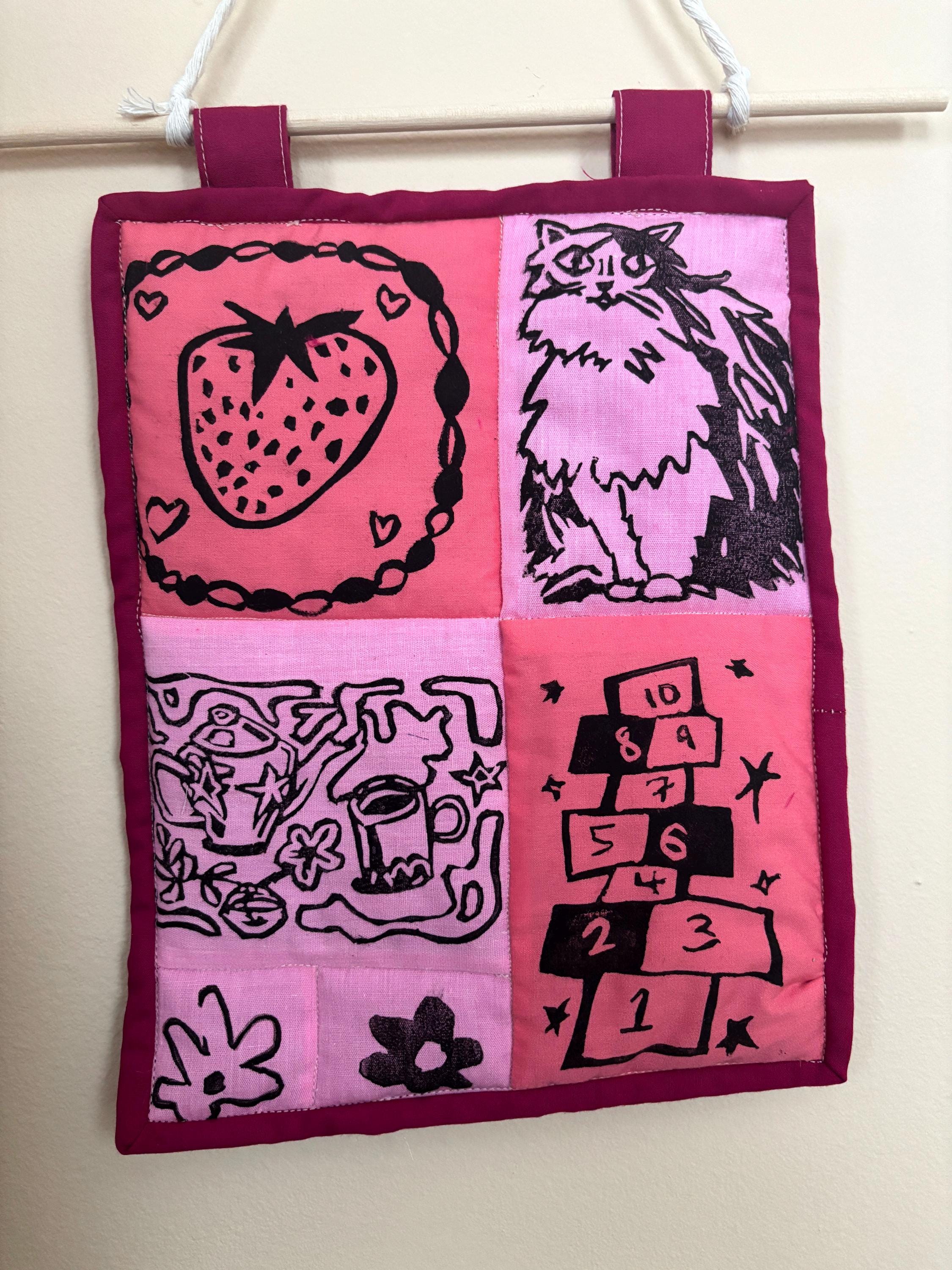 Patchwork Linocut Handmade Patchwork Quilted Wall Hanging | Linocut Block Print Textile ...