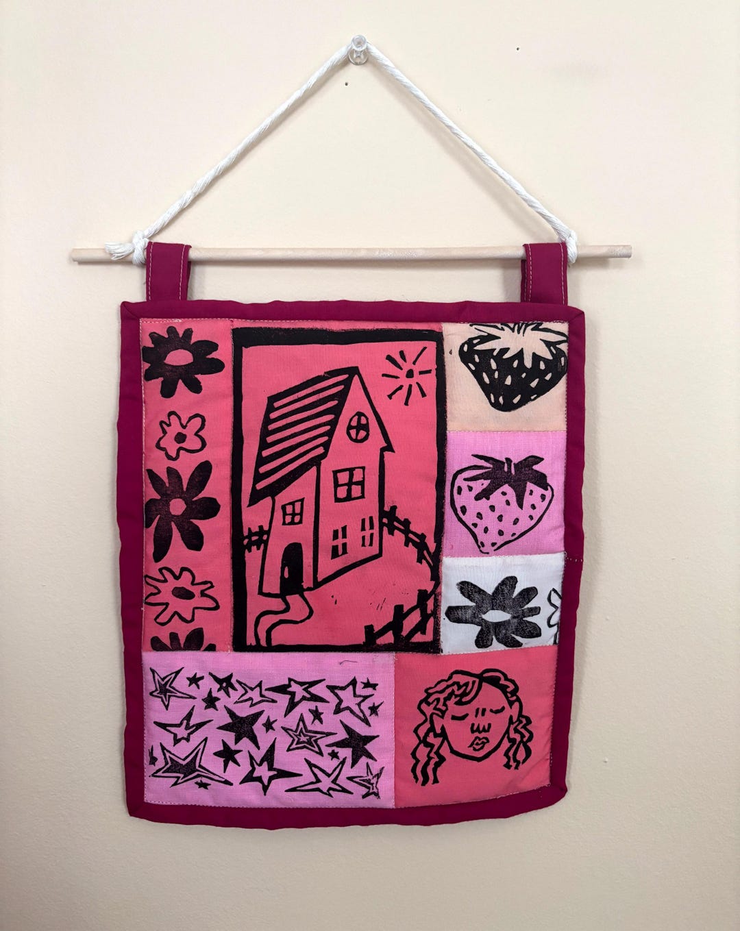Patchwork Linocut Handmade Patchwork Quilted Wall Hanging | Linocut Block Print Textile ...