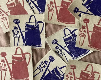 Watering Can Iron-On Linocut Printed Canvas Patch | Multiple Colors & Fabrics | Block Printed