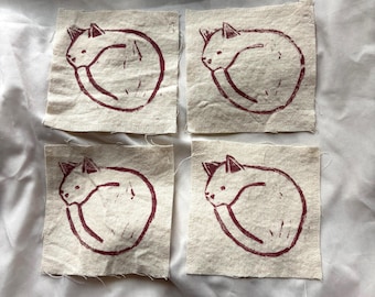 Handmade Sleepy Cat Linocut Patch | Sew-on or Iron-on Textile Art