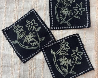 Parche de linograbado Flower N Border Black Canvas / Para coser o planchar / Arte textil artesanal estampado a mano