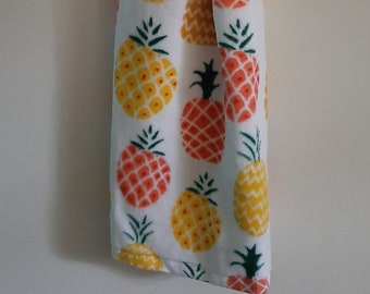 Pineapple Design Kitchen Towel with Crocheted Topper for Hanging | Cotton Hanging Dish Towel | Double Thickness | Large Button