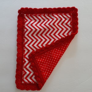 Blanket for 11-12 Inch Girl or Boy Dolls Such as Barbie | Baby Dolls | Zig Zag & Polka Dot Print Fabric with Crocheted Edge