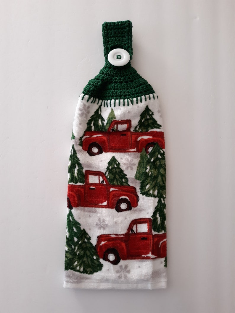 Red Pickup Truck Kitchen Towel With Crocheted Topper for Etsy