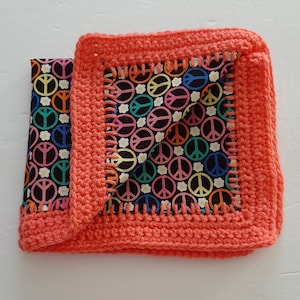 Peace Symbol Fabric with Crocheted Edge Blanket for 11-12 Inch Girl or Boy Dolls | Bedding for Dolls Such as Barbie | Baby Dolls