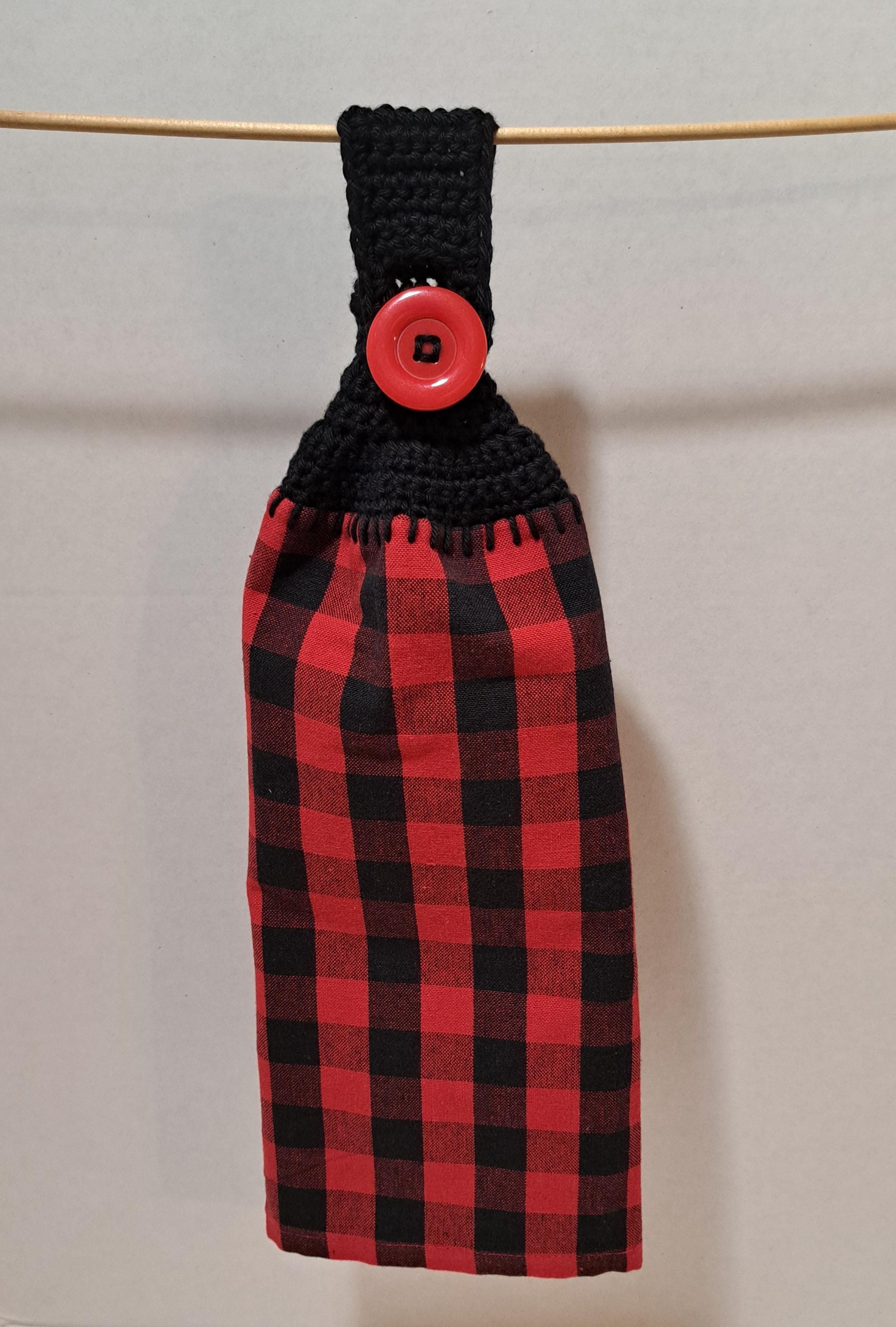 Plaid Design Kitchen Towel with Crocheted Topper for Hanging | Cotton Hanging Dish Towel | Double Thickness | Large Button