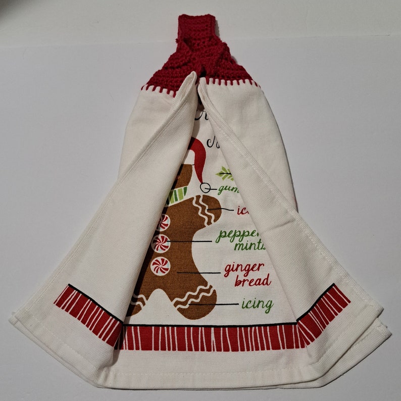 Gingerbread Man Kitchen Towel With Crocheted Topper for Hanging Cotton
