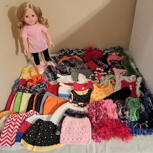 Huge Lot of Brand New Handmade Doll Clothes for 18 Inch Dolls | Includes Hangers | 18 Inch Doll and Doll Stand Included (gently used)