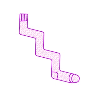 Puede incluir: Un calcetín de punto rosa con un patrón en zigzag y un contorno morado.