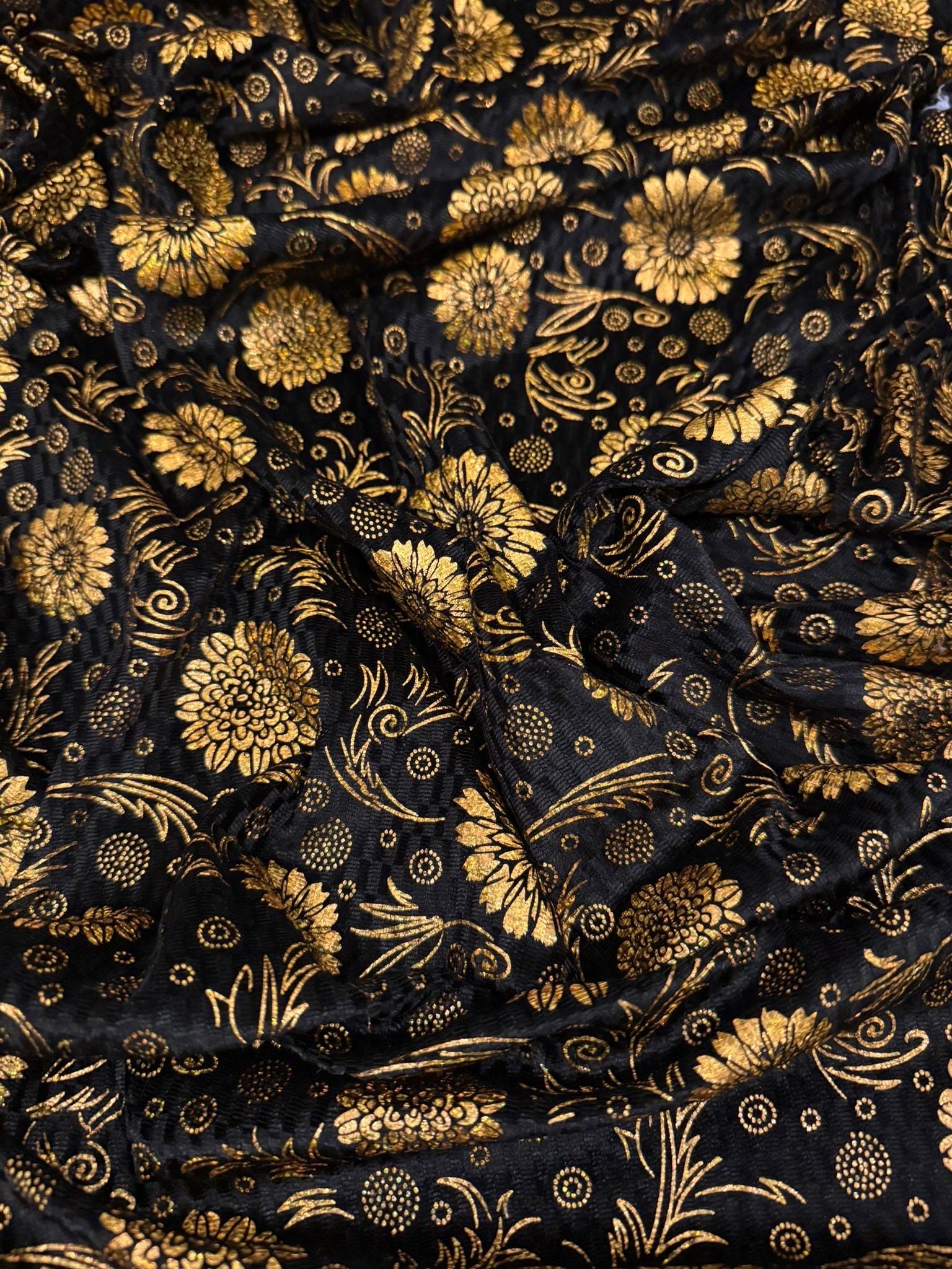 1メートルの黒/金の花柄ストレッチベルベット生地、幅58インチ - Etsy 日本