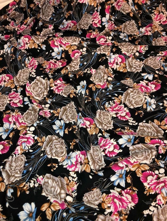Sold per metre Black Floral Print Viscose Dress Fabric 