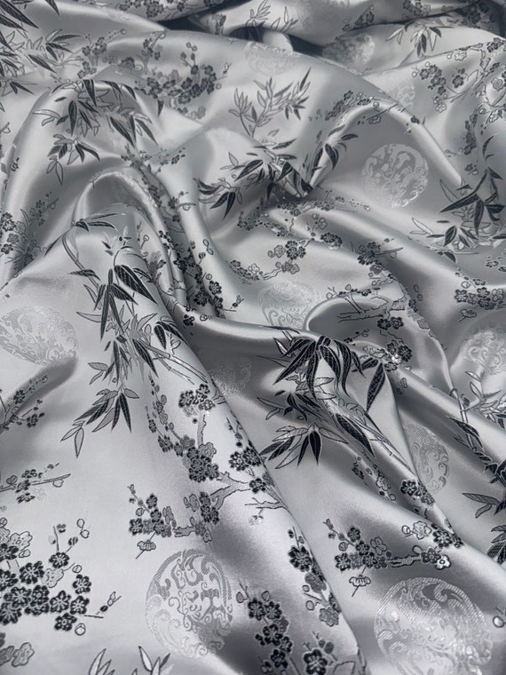 1 meter silver chinese shanghai Floral medallion blossom Silky Satin Brocade dress fabric 45" wide