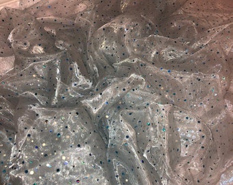 May include: White sheer fabric with iridescent blue and silver polka dots. The fabric is draped and textured.