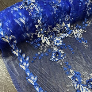 1 Meter Royal Blue 3d Embroidered Floral Pearl Bridal Tulle Net Fabric ...