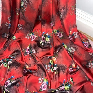 1 meter red silky soft floral lightweight printed charmeuse satin fabric 58” wide