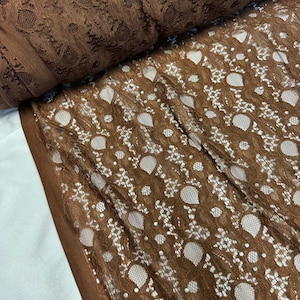 1 Meter brown floral Stretch Lace fabric 58” Wide