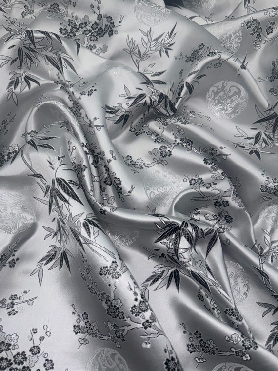 1 meter silver chinese shanghai Floral medallion blossom Silky Satin Brocade dress fabric 45" wide