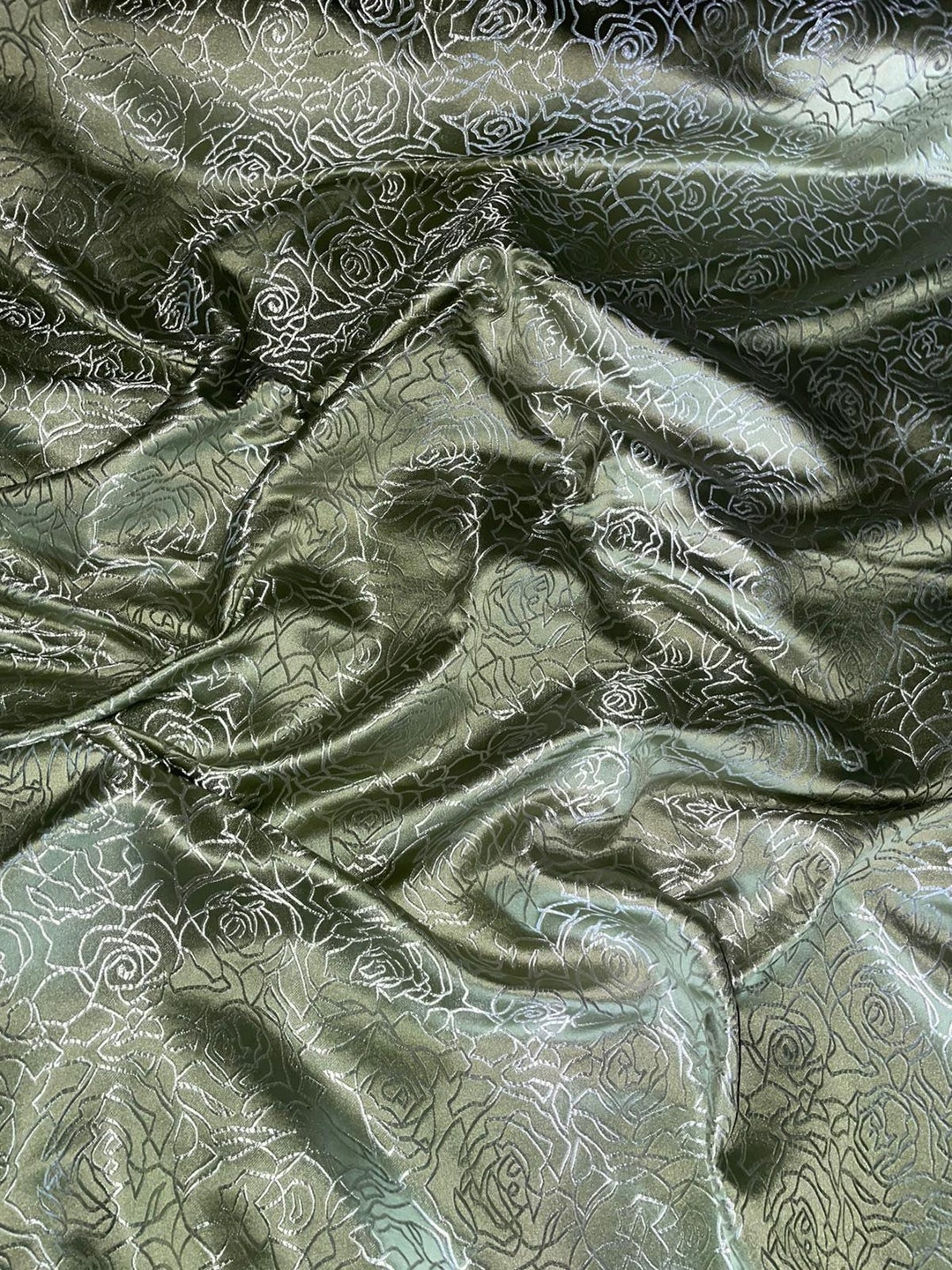 Greem Rose Print 1 Meter Lime Green Rose Print Design Oriental Chinese Brocade 45