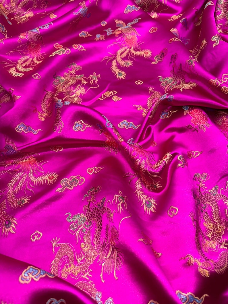 1 Meter Hot Pink/gold Oriental Dragon Silky Satin Brocade Dress Fabric