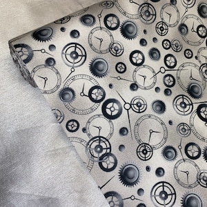 1 meter grey clock print 100% cotton fabric 45” wide