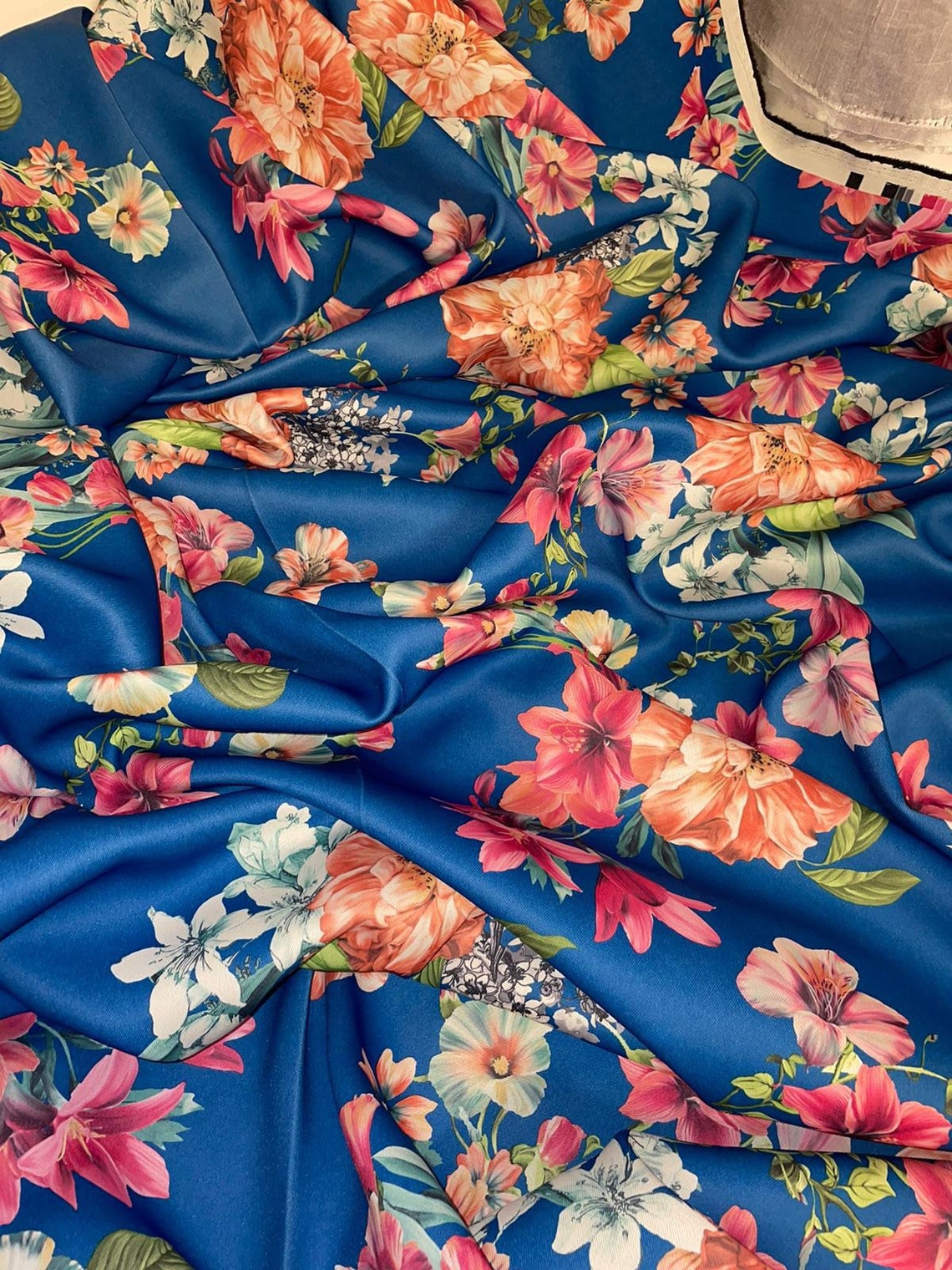 1 Meter Royal Blue Floral Digital Print Satin Blackout Fabric | Etsy