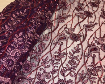 1 meter dark purple metallic pearl beaded sequin bridal tulle net fabric 52” wide