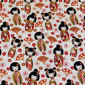1 meter white 100% cotton poplin fabric rose & hubble japanese geisha doll 45”