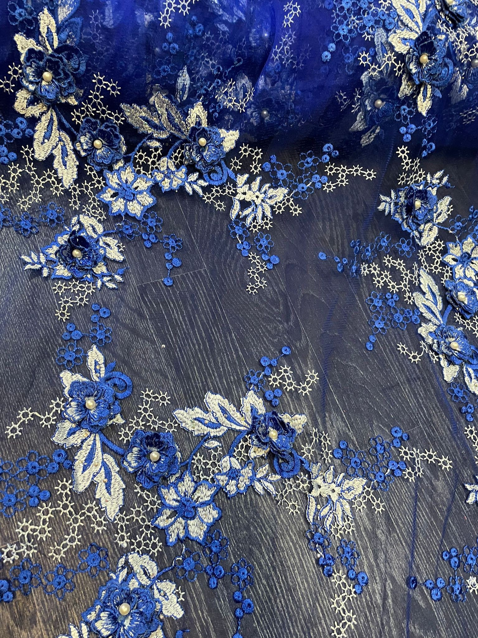 1 Meter Royal Blue 3d Embroidered Floral Pearl Bridal Tulle Net Fabric ...